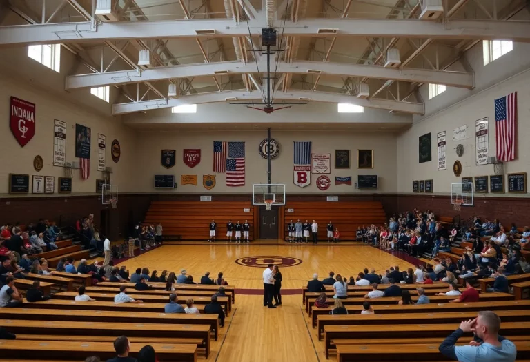 Interior of Decatur Central High School gym depicting vintage basketball memorabilia