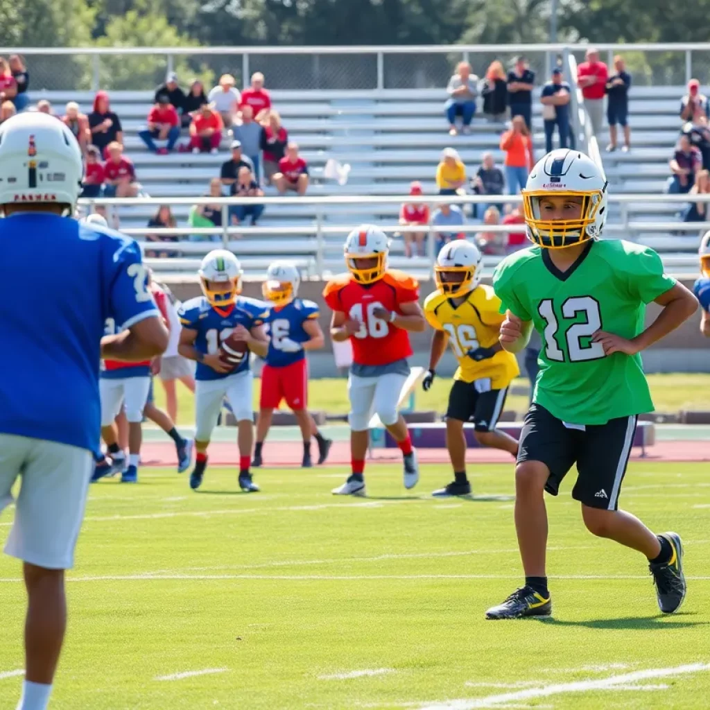 Football players practicing at Deer Lakes High School camp