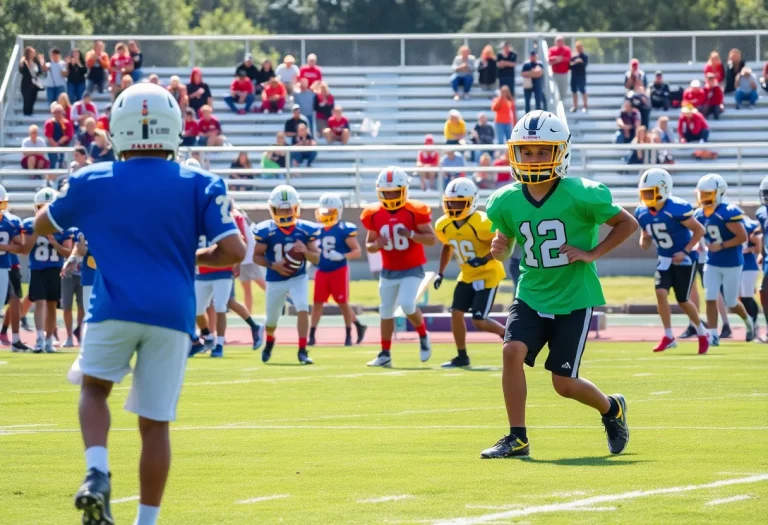 Football players practicing at Deer Lakes High School camp