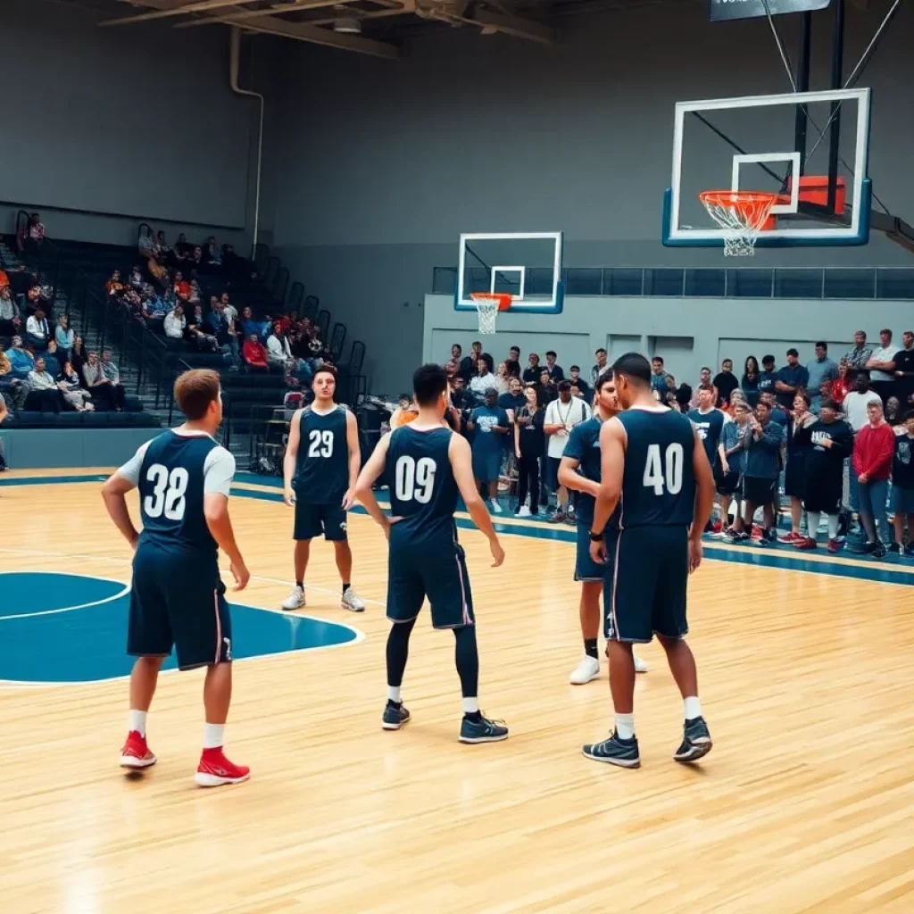 Players practicing on DePaul basketball court with cheering crowd