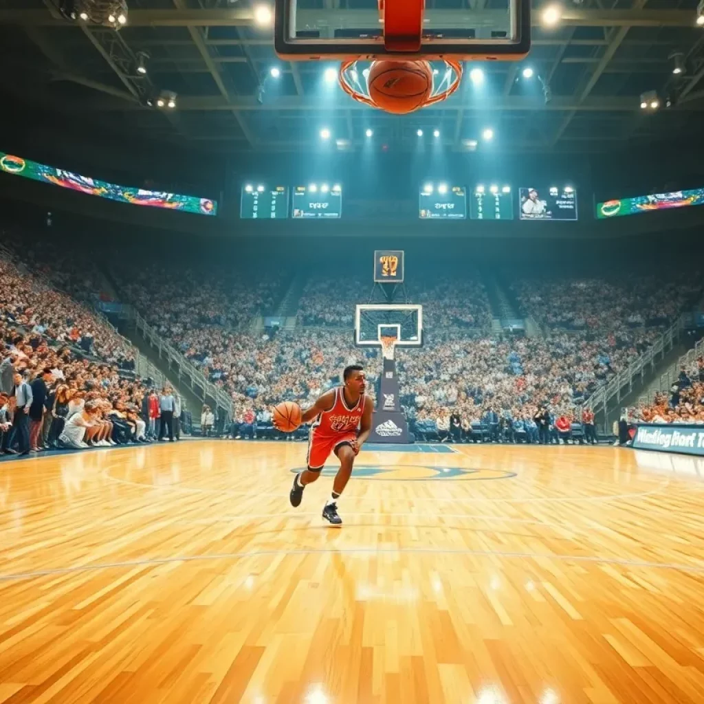 DJ Campbell playing basketball on a professional court
