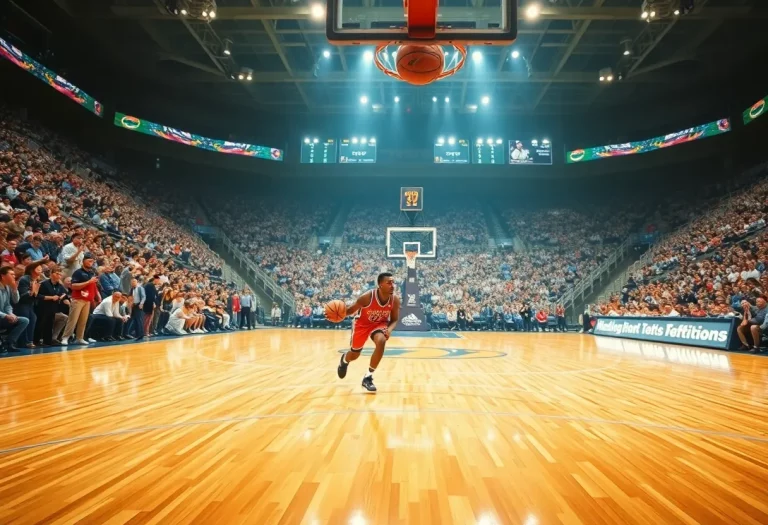 DJ Campbell playing basketball on a professional court