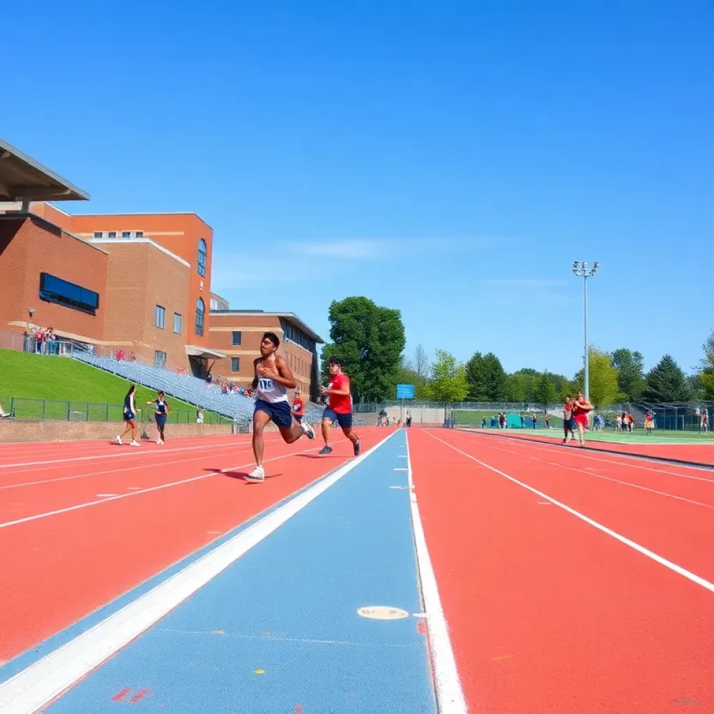 Track and field athletes practicing on a university campus