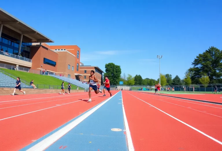 Track and field athletes practicing on a university campus