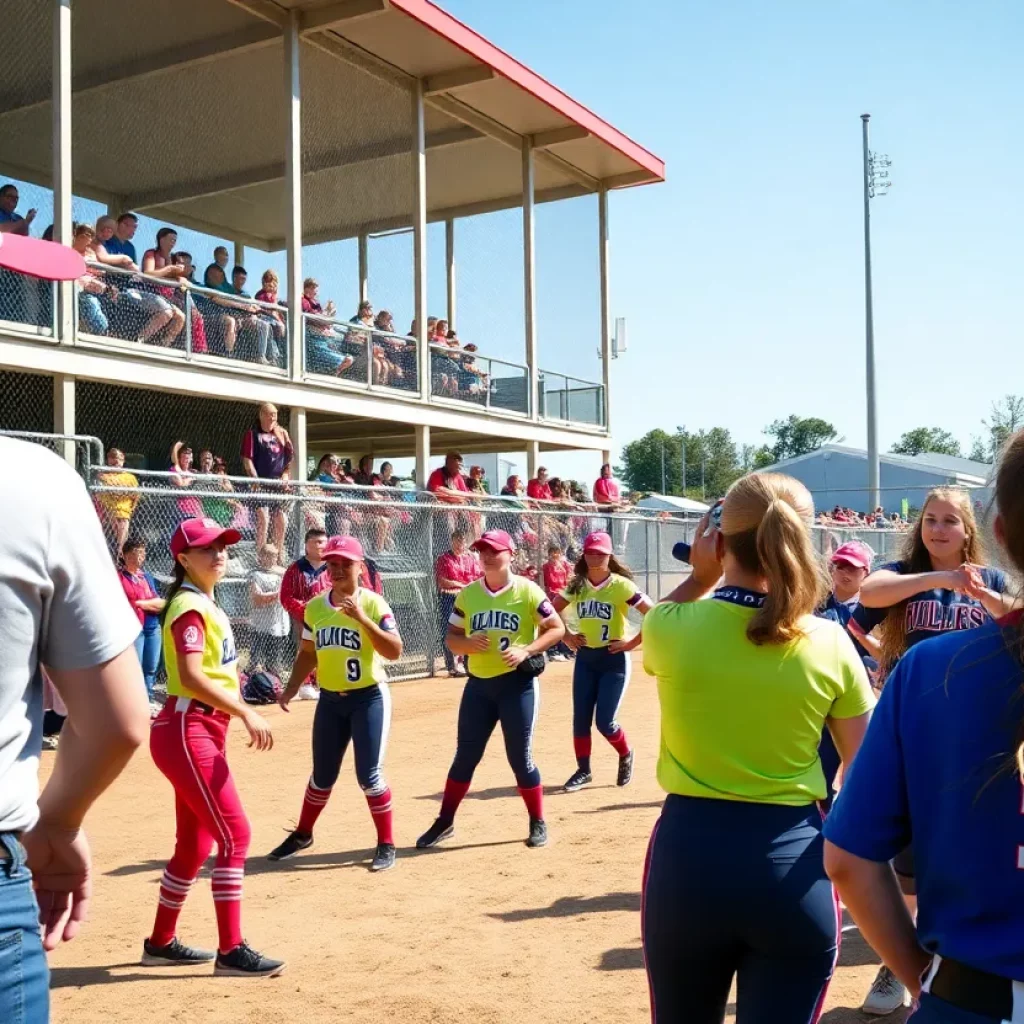 Action shot of a high school softball game