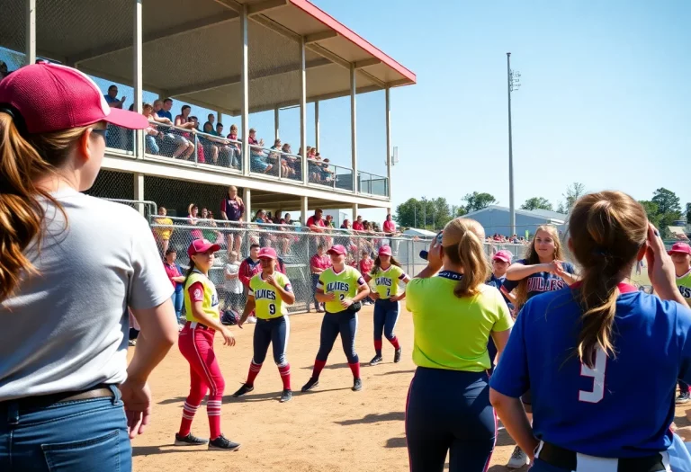 Action shot of a high school softball game