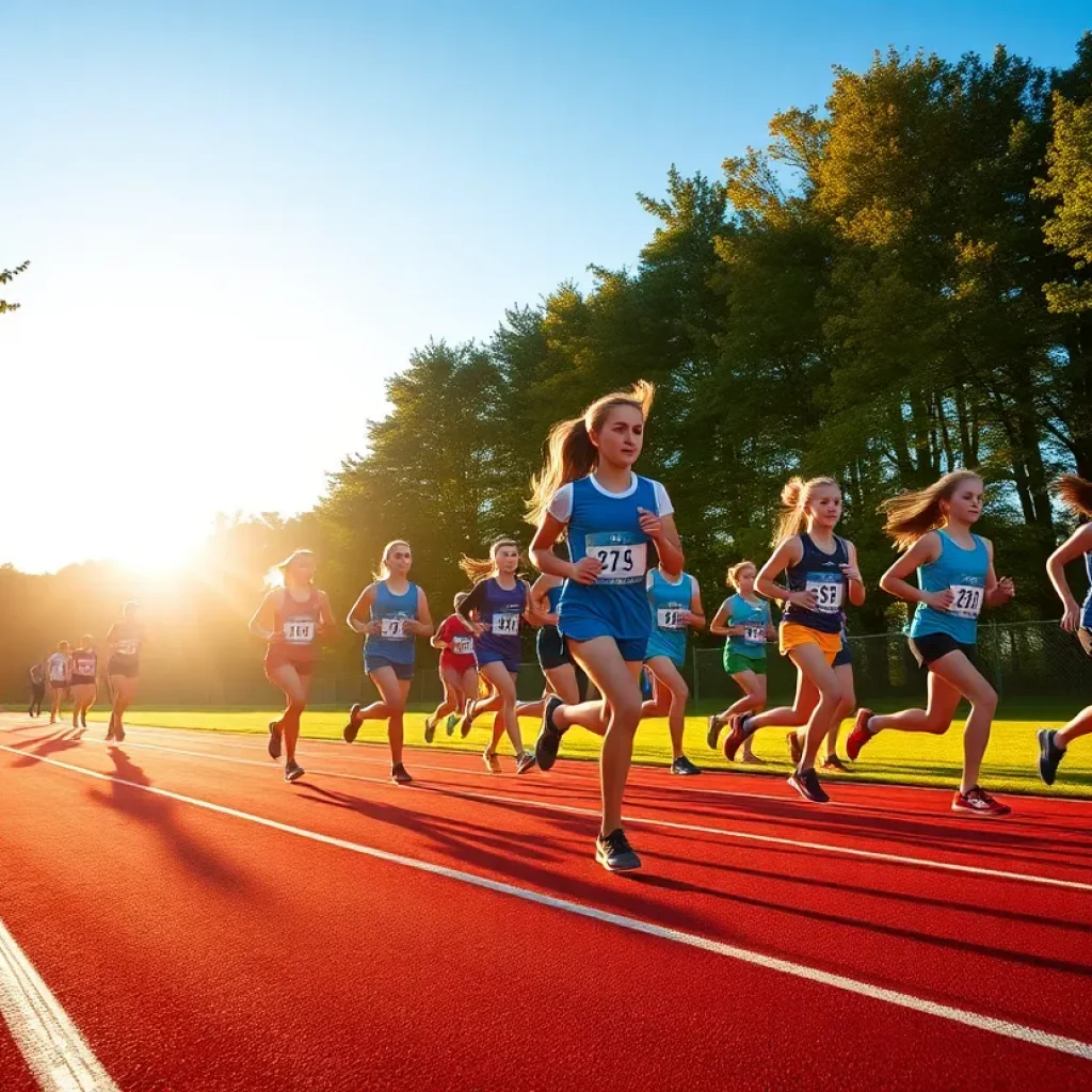 Girls cross country team training on a track