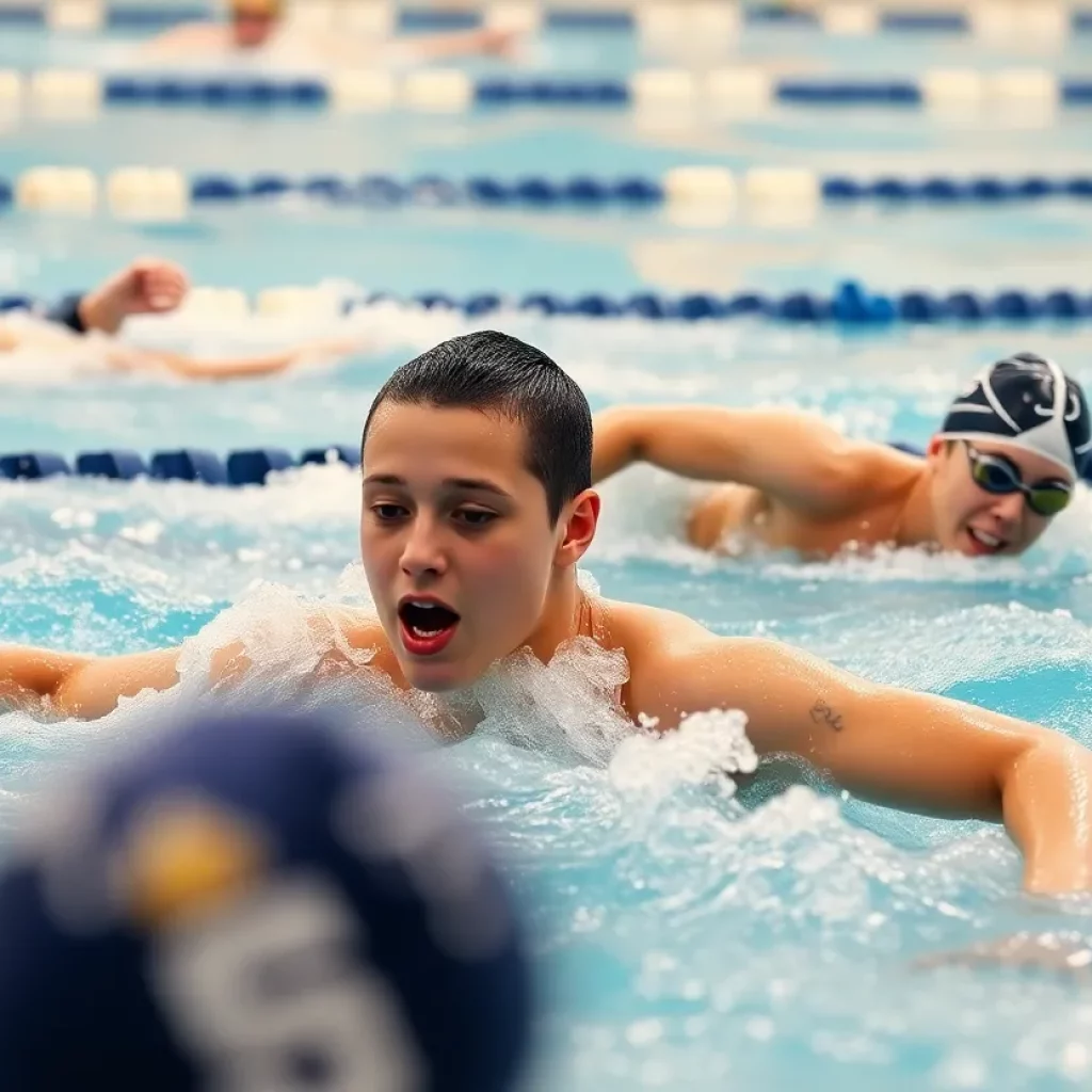 High school swim team competing in a swimming meet