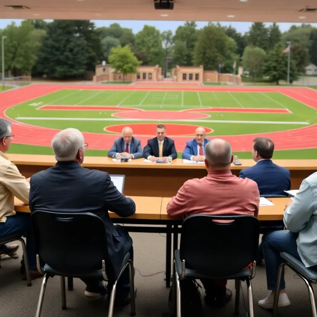 Edwardsville School Board discussing track projects in a meeting room