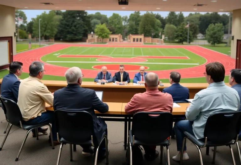 Edwardsville School Board discussing track projects in a meeting room