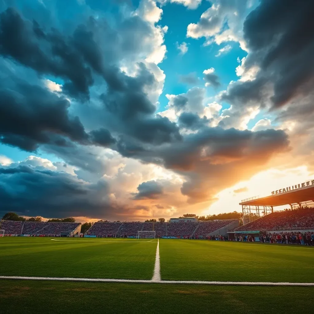 Football field with stormy clouds in El Paso
