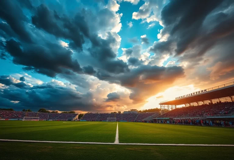 Football field with stormy clouds in El Paso
