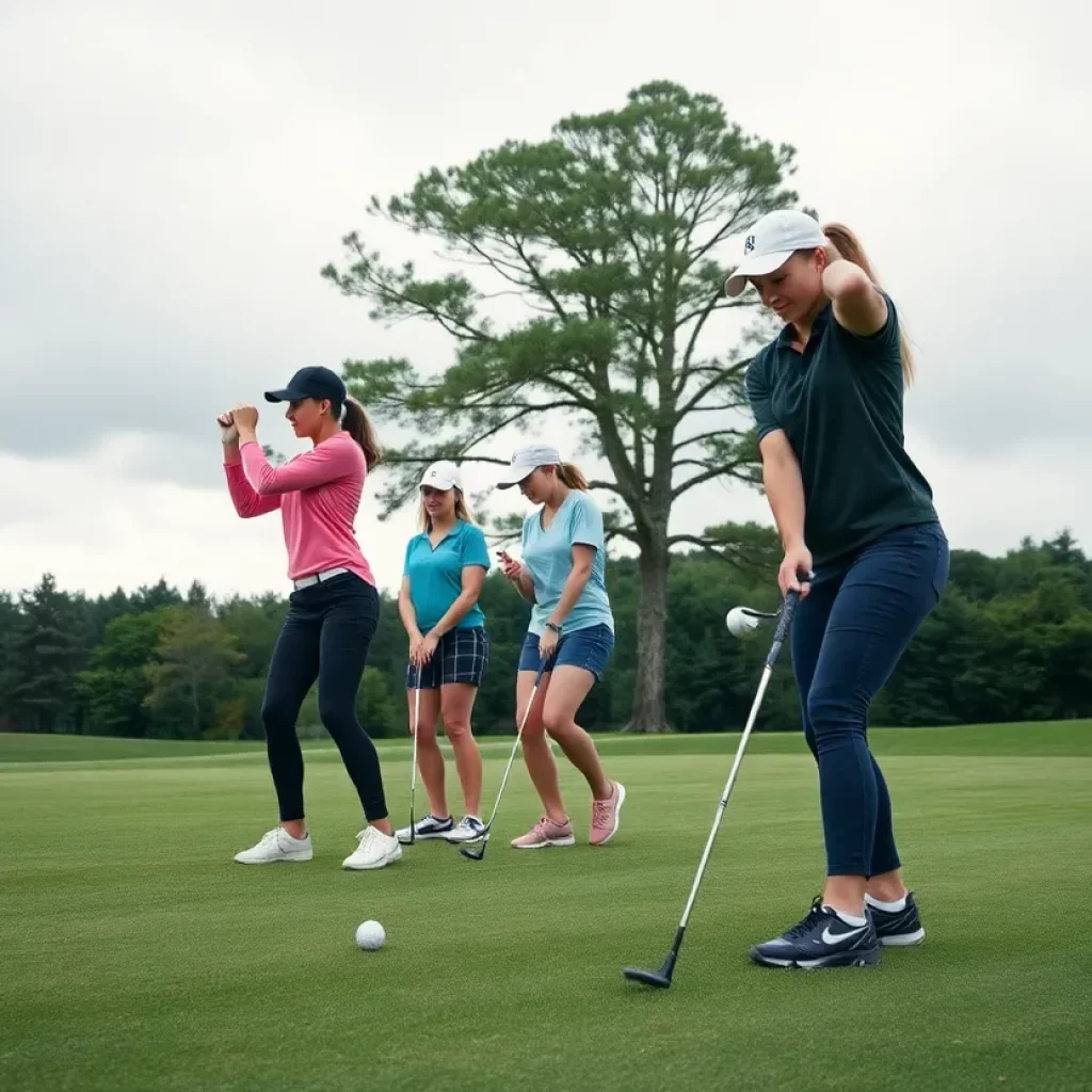 Young female golfers practicing on the golf course under cloudy skies.