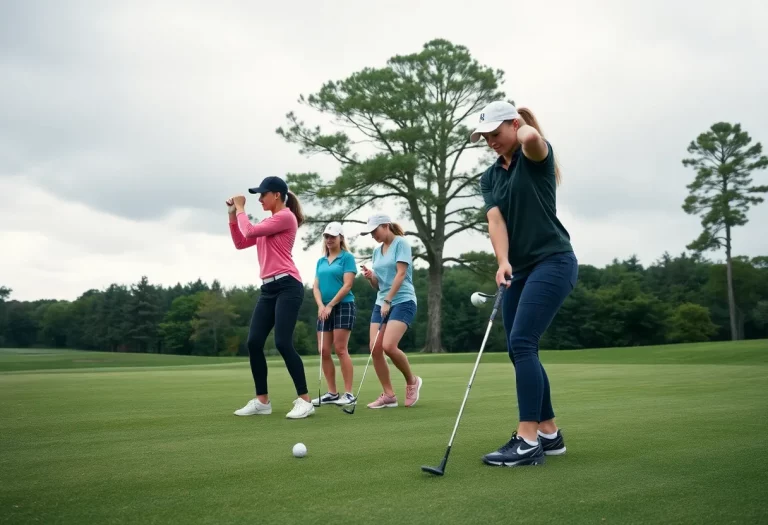 Young female golfers practicing on the golf course under cloudy skies.