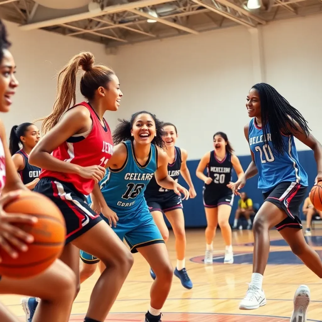 Diverse female athletes playing basketball in a spirited environment.
