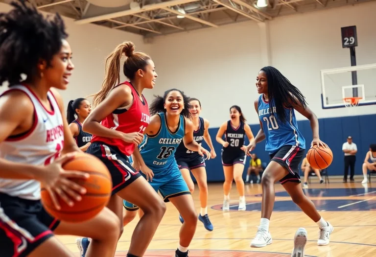 Diverse female athletes playing basketball in a spirited environment.