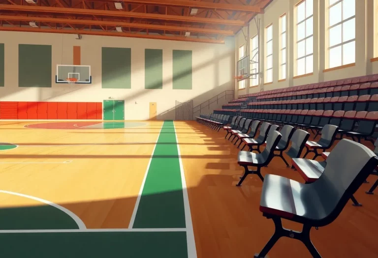 An empty basketball court demonstrating a moment of transition in sports leadership.