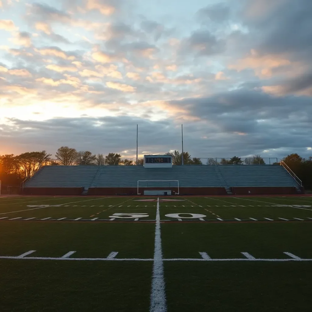An empty football field at Central High School during sunset.