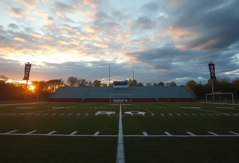 An empty football field at Central High School during sunset.
