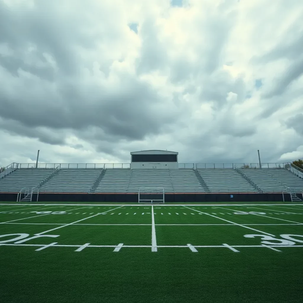 An empty football field at Fairfax High School illustrating uncertainty.