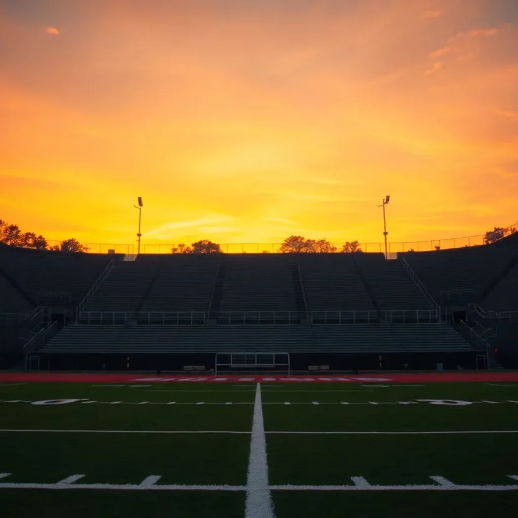 Empty football field during sunset representing community mourning