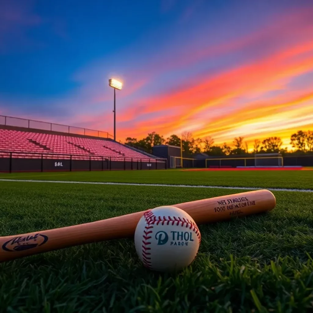 An empty baseball field at sunset, signifying loss and remembrance of a young athlete.