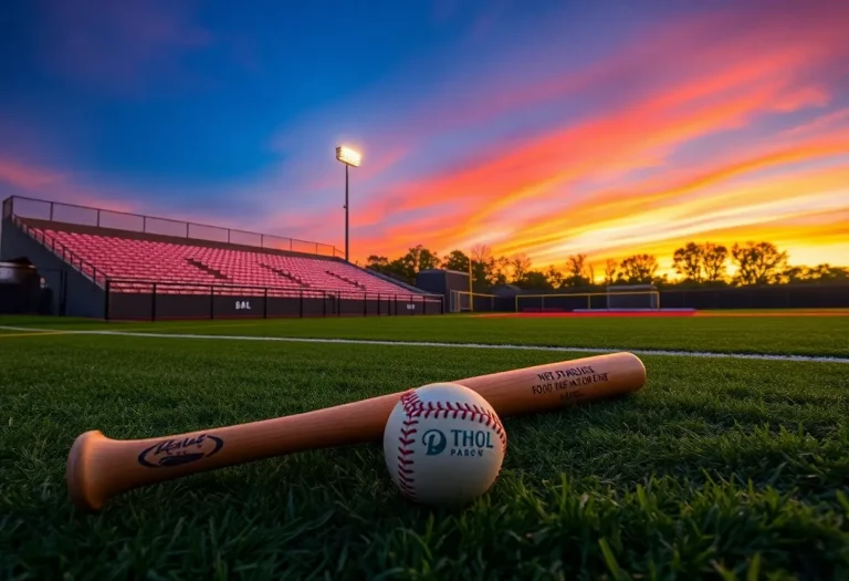 An empty baseball field at sunset, signifying loss and remembrance of a young athlete.