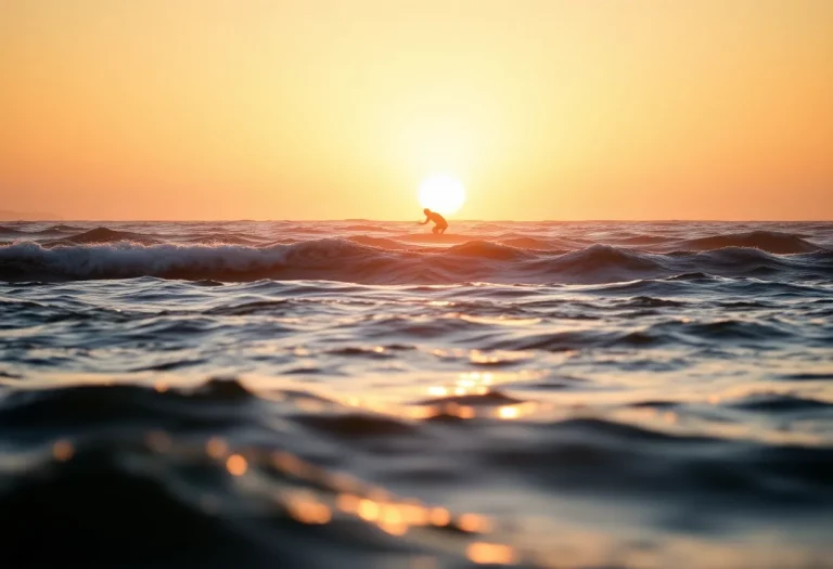 A swimmer crossing the English Channel at sunrise.