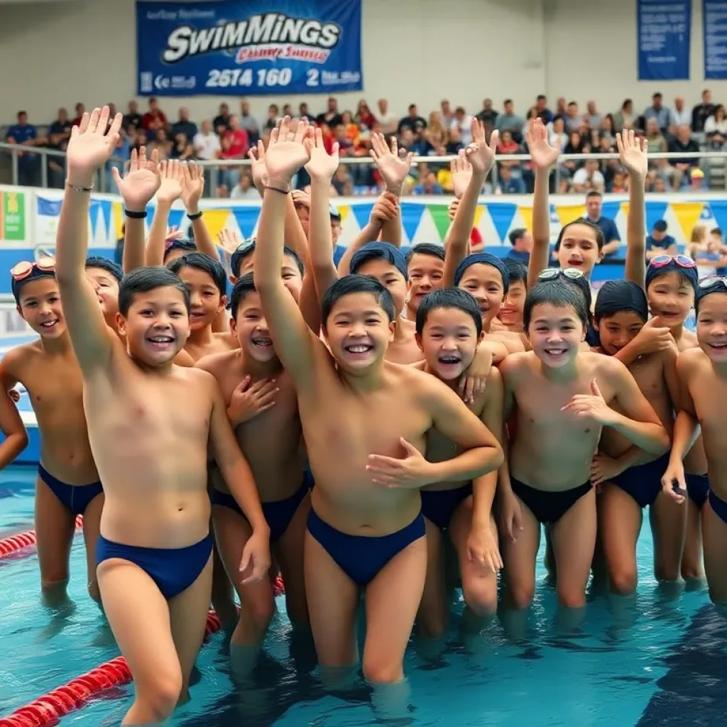 Young swimmers from the Erlton Swim Club celebrating their record-breaking achievements at a championship.