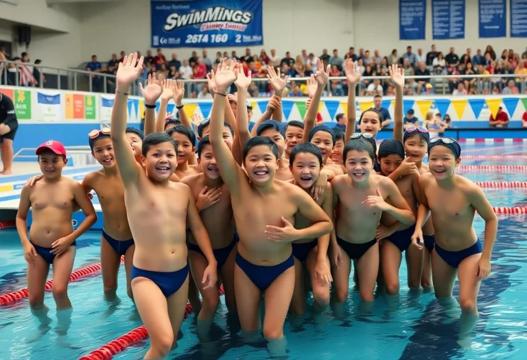 Young swimmers from the Erlton Swim Club celebrating their record-breaking achievements at a championship.