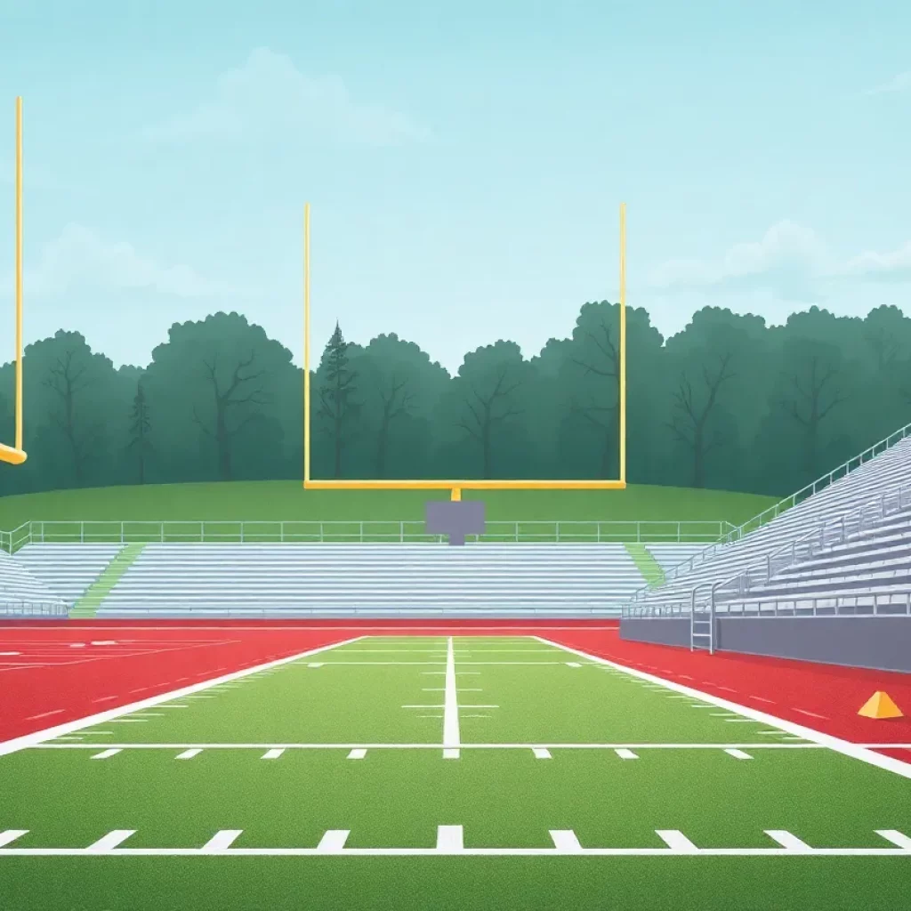 An empty high school football field with goalposts in the background.
