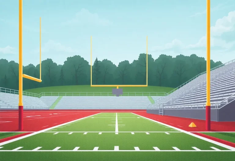 An empty high school football field with goalposts in the background.