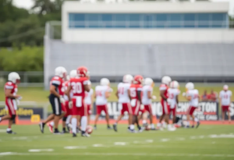 High school football players practicing on the field