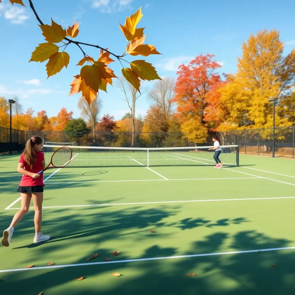 Girls playing tennis on a fall day in Iowa