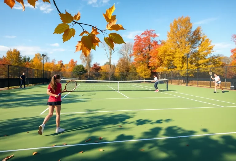 Girls playing tennis on a fall day in Iowa