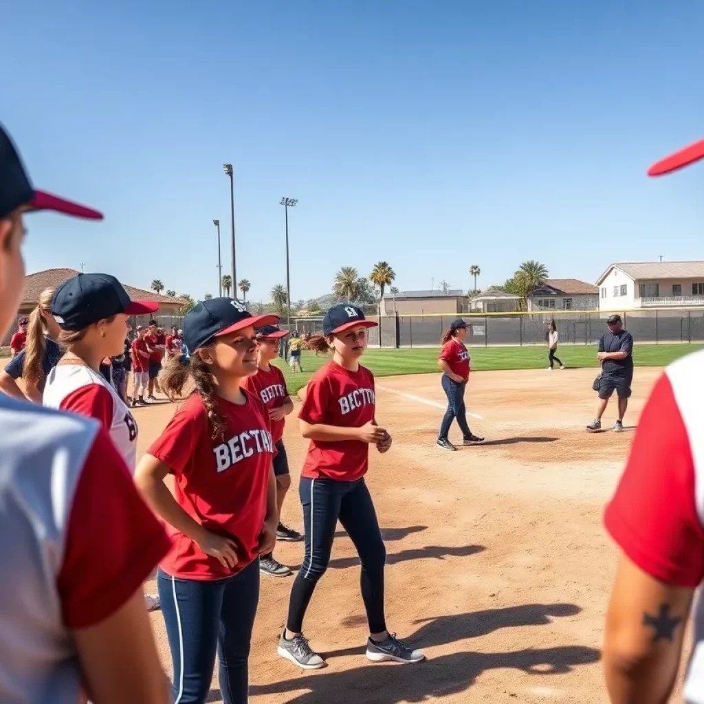 Young athletes practicing fastpitch softball, displaying teamwork and determination