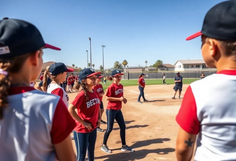 Young athletes practicing fastpitch softball, displaying teamwork and determination