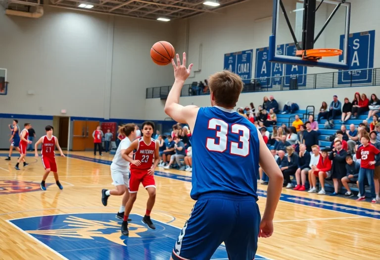 High school basketball players competing on the court