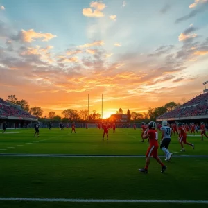 Football players practicing on a field during the Florida high school football season kickoff