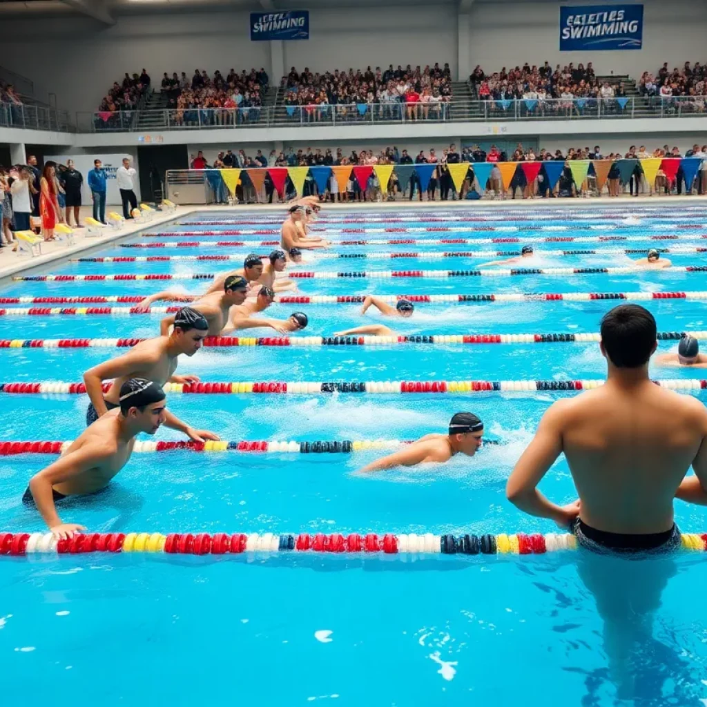 Collegiate swimming event with athletes in action