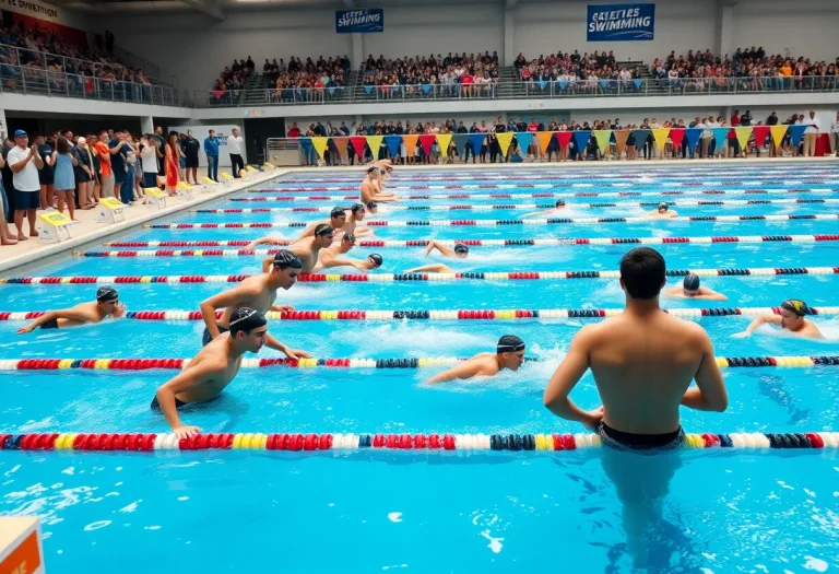 Collegiate swimming event with athletes in action