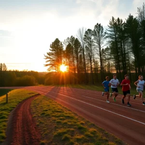 Panoramic view of a cross country running track with young athletes training.