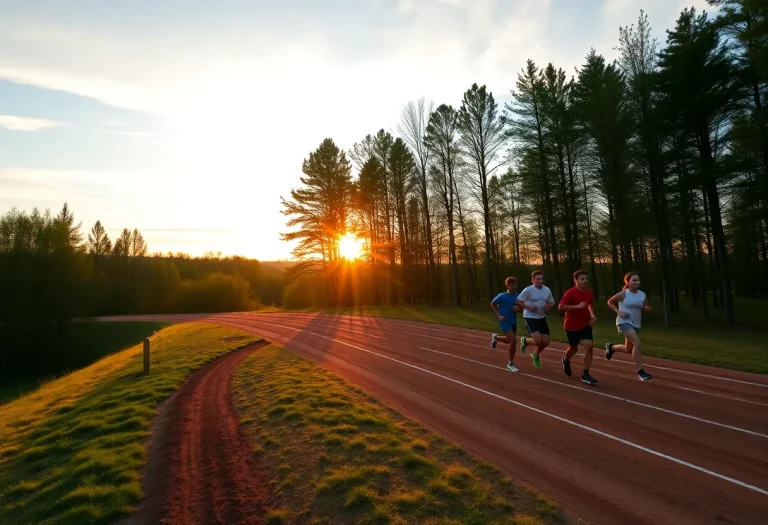 Panoramic view of a cross country running track with young athletes training.