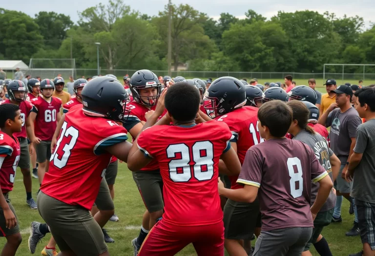 Illustration of a chaotic brawl at a summer football camp