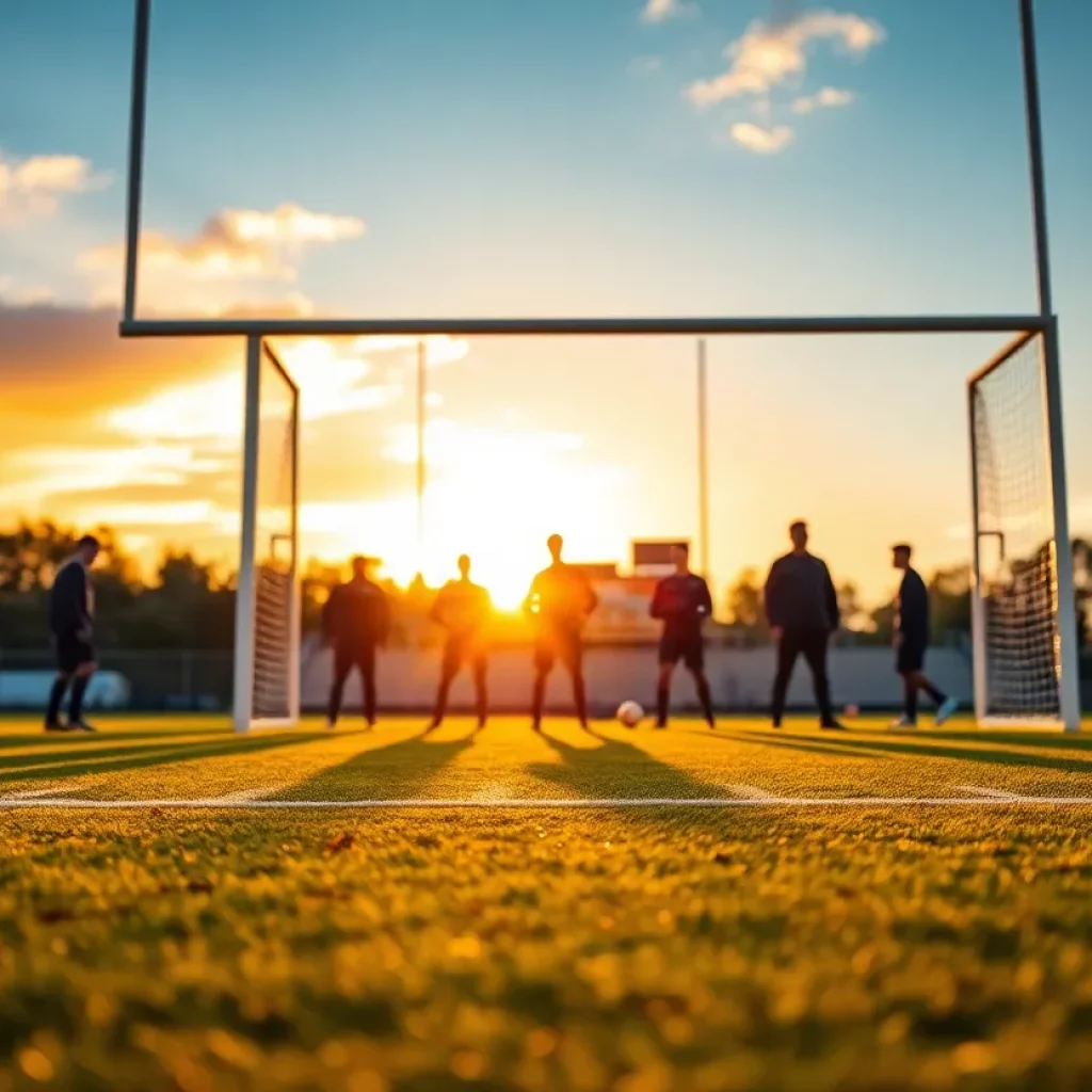 Football practice at sunset on a high school field