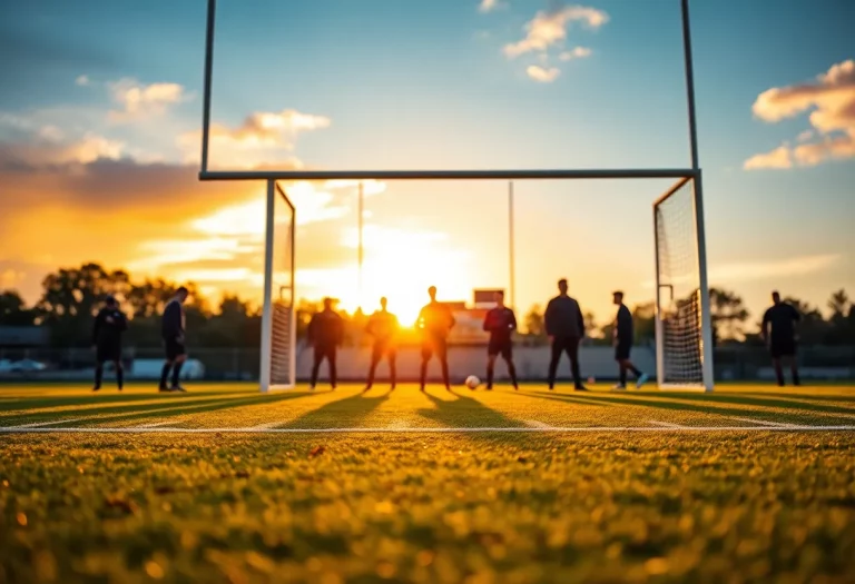 Football practice at sunset on a high school field
