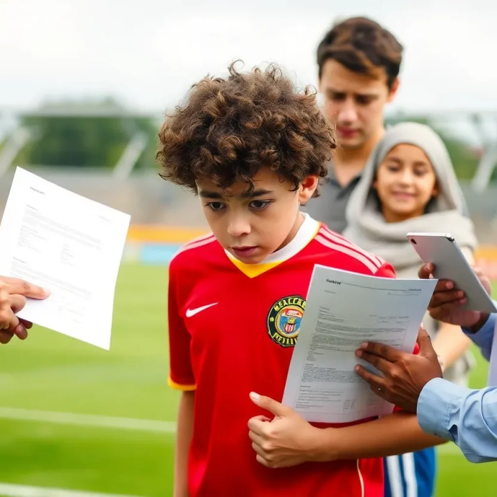 Illustration of a football recruitment scam involving money and paperwork.