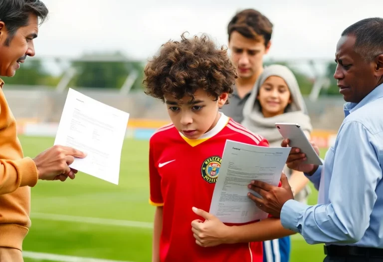 Illustration of a football recruitment scam involving money and paperwork.