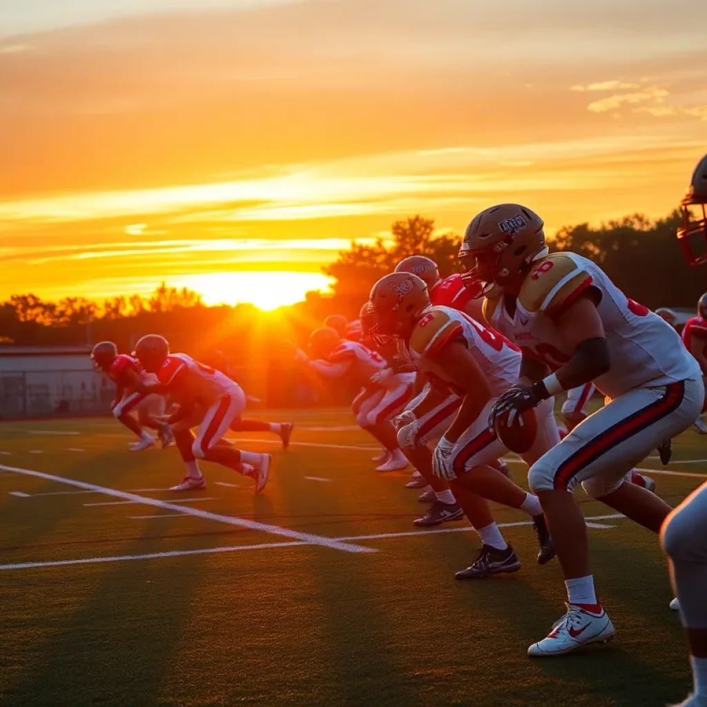 High school football players in action during evening game