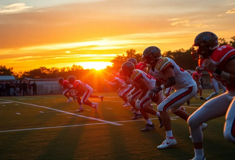 High school football players in action during evening game